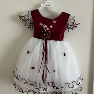 Burgundy and White Formal Dress with Ruffled Lace Trim